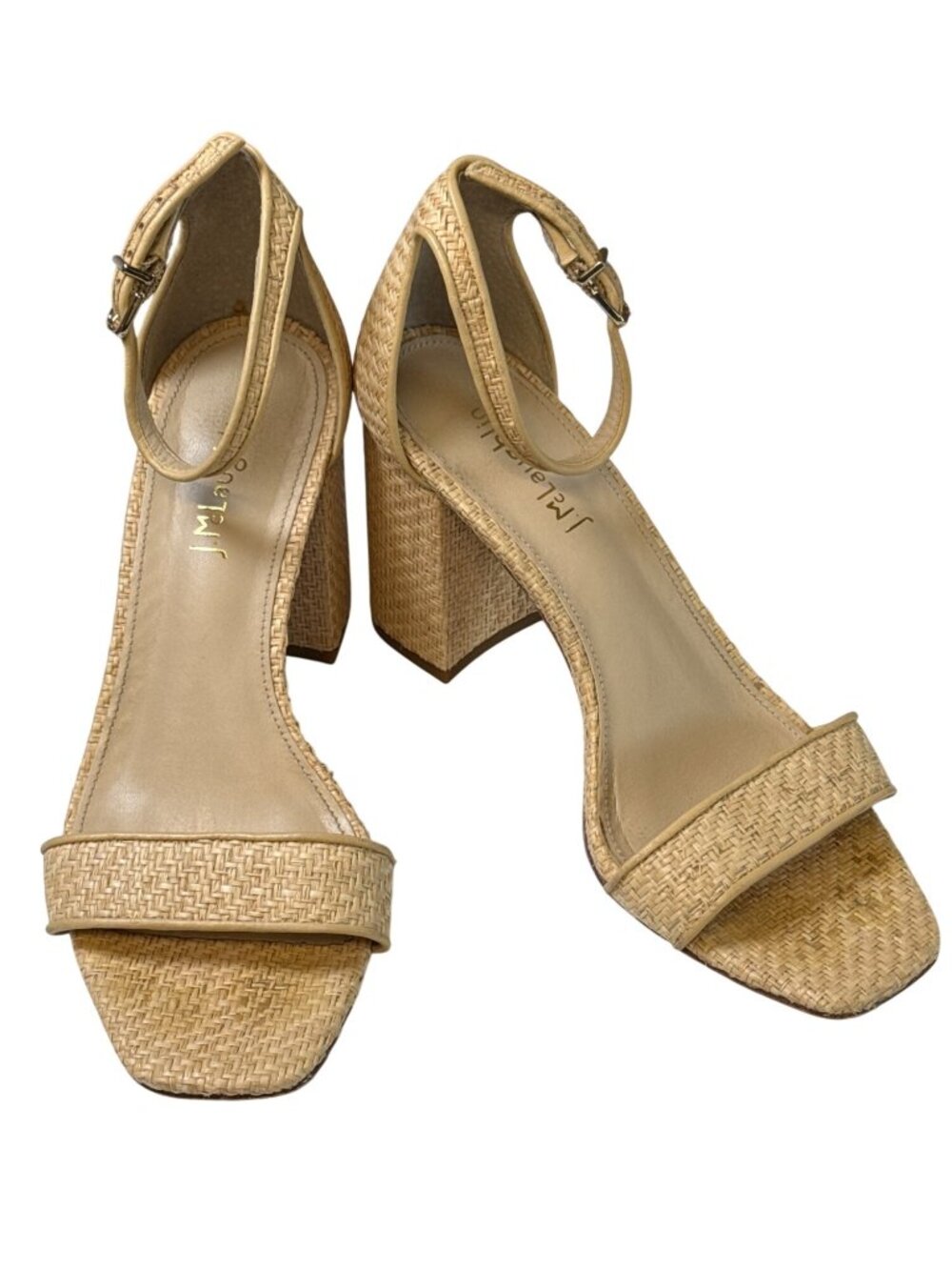 J McLaughlin Esme Raffia Block Heel Sandals~Size 7M~Tan Woven Shoes GOOD P19 03